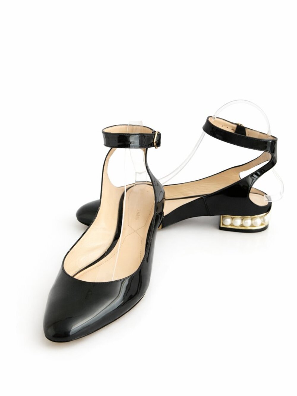Nicholas Kirkwood Lola Black Patent Pearl Heel Ankle Strap Flats 37 EUC